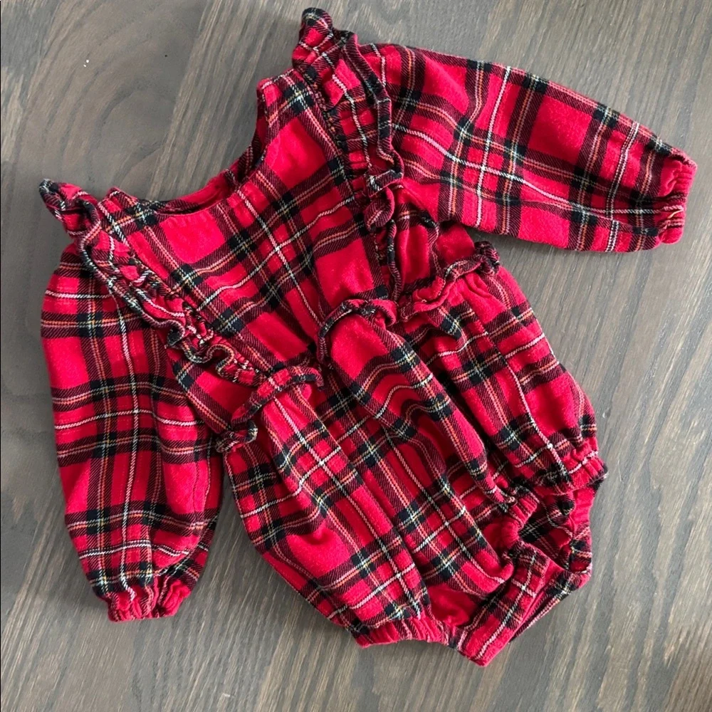 Long-Sleeve Ruffle-Trim Plaid One-Piece Romper | 6-12Months